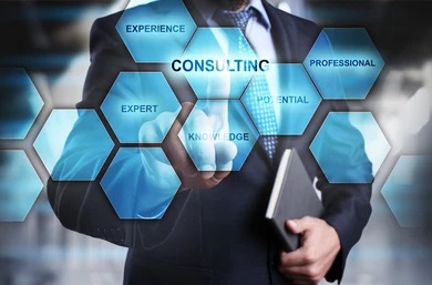 Business man pressing consulting button. Expert professionals with extensive experience Business man pressing consulting button