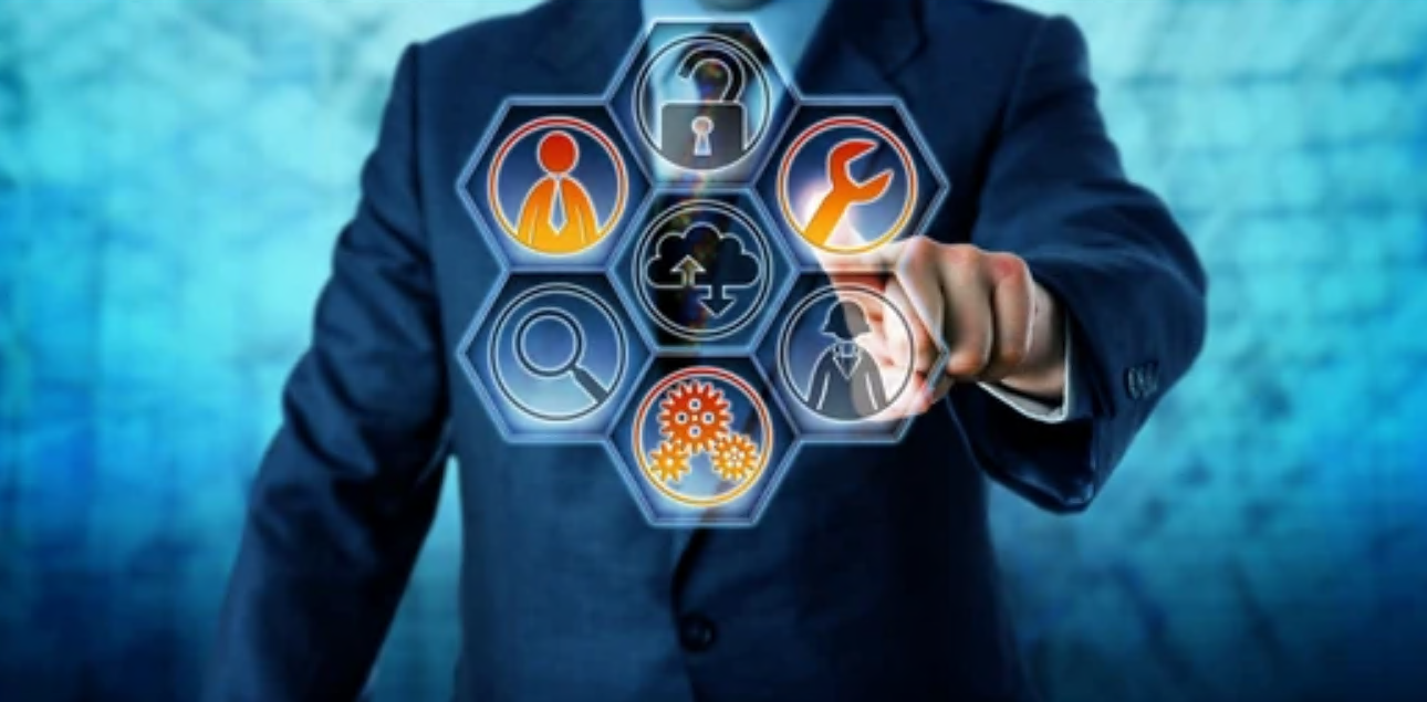 Business man pressing spanner icon as part of Peritus Digital Managed Services Business man pressing spanner icon as part of Peritus Digital Managed Services